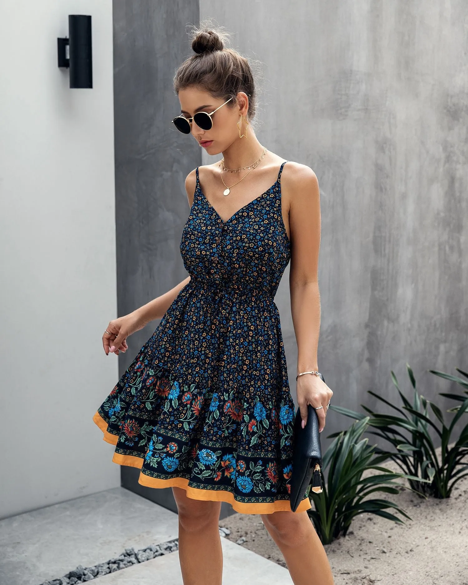Fashion Spaghetti Printed V Neck Button Smocking Drawstring Casual Dress