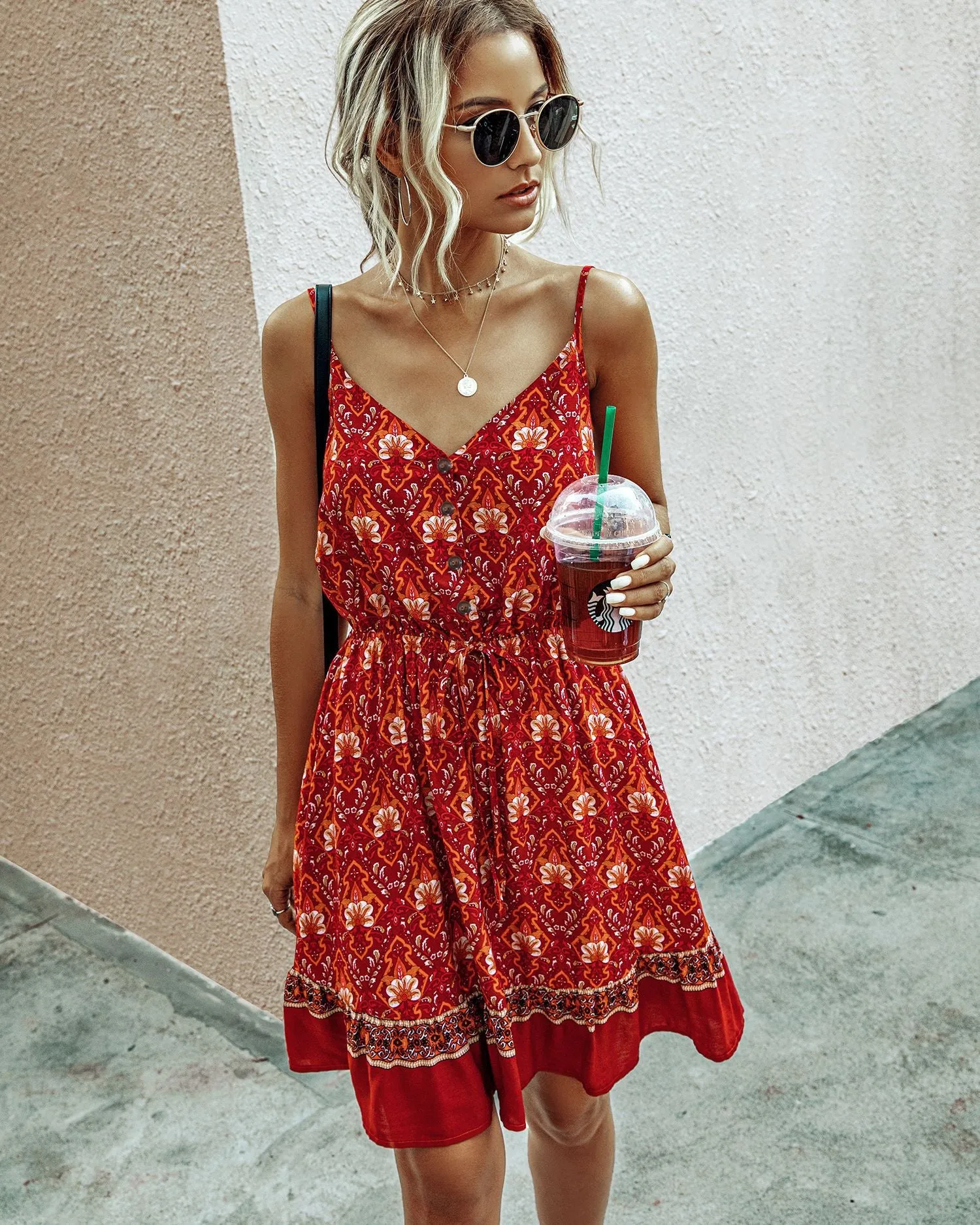 Fashion Spaghetti Printed V Neck Button Smocking Drawstring Casual Dress