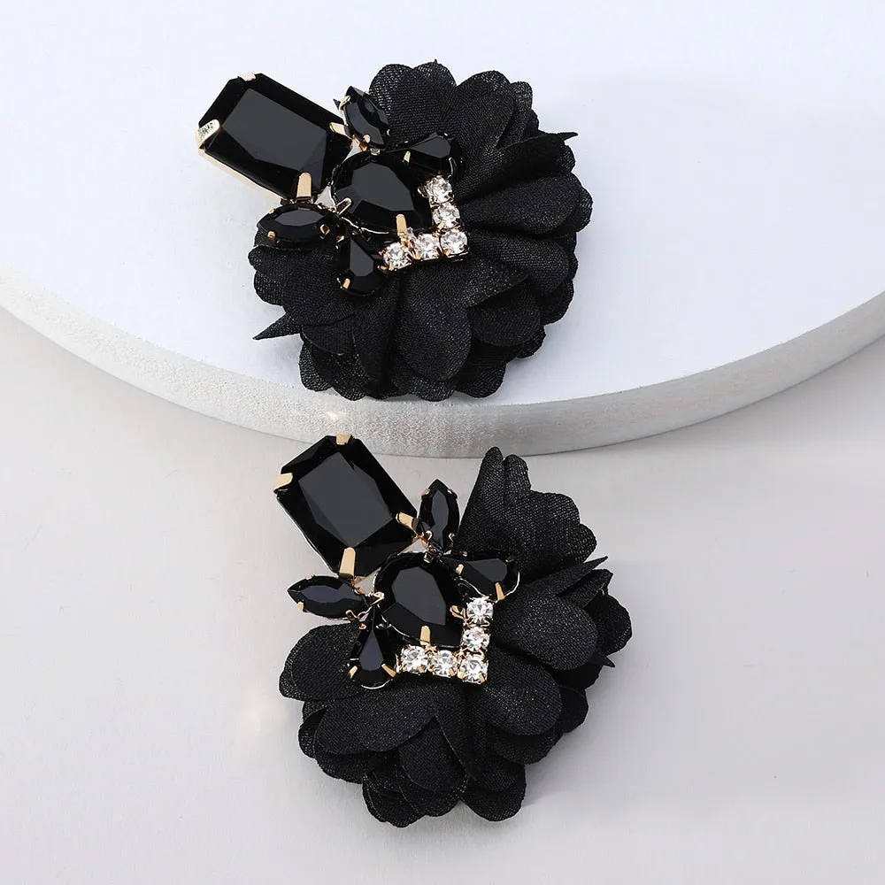 Fashion Sparkly Crystal Inlay Cotton Flower Big Dangle Earrings For Women