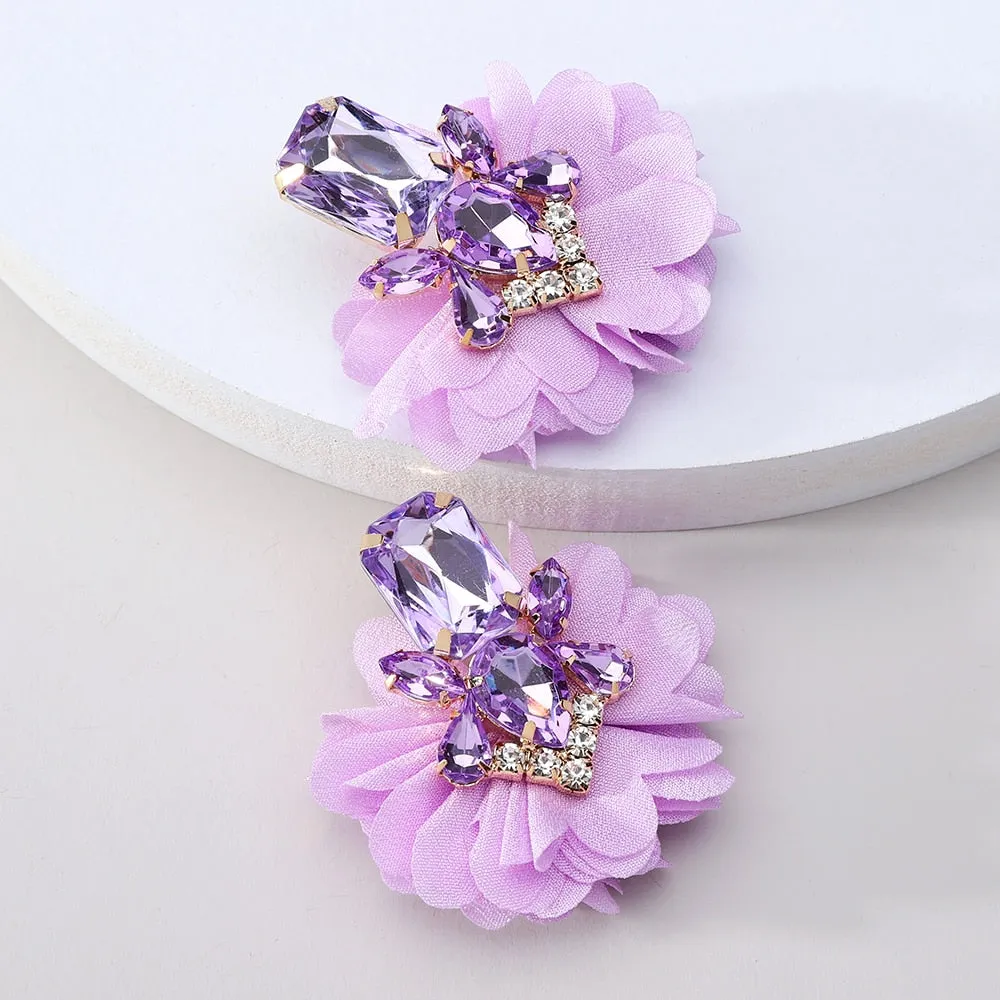Fashion Sparkly Crystal Inlay Cotton Flower Big Dangle Earrings For Women