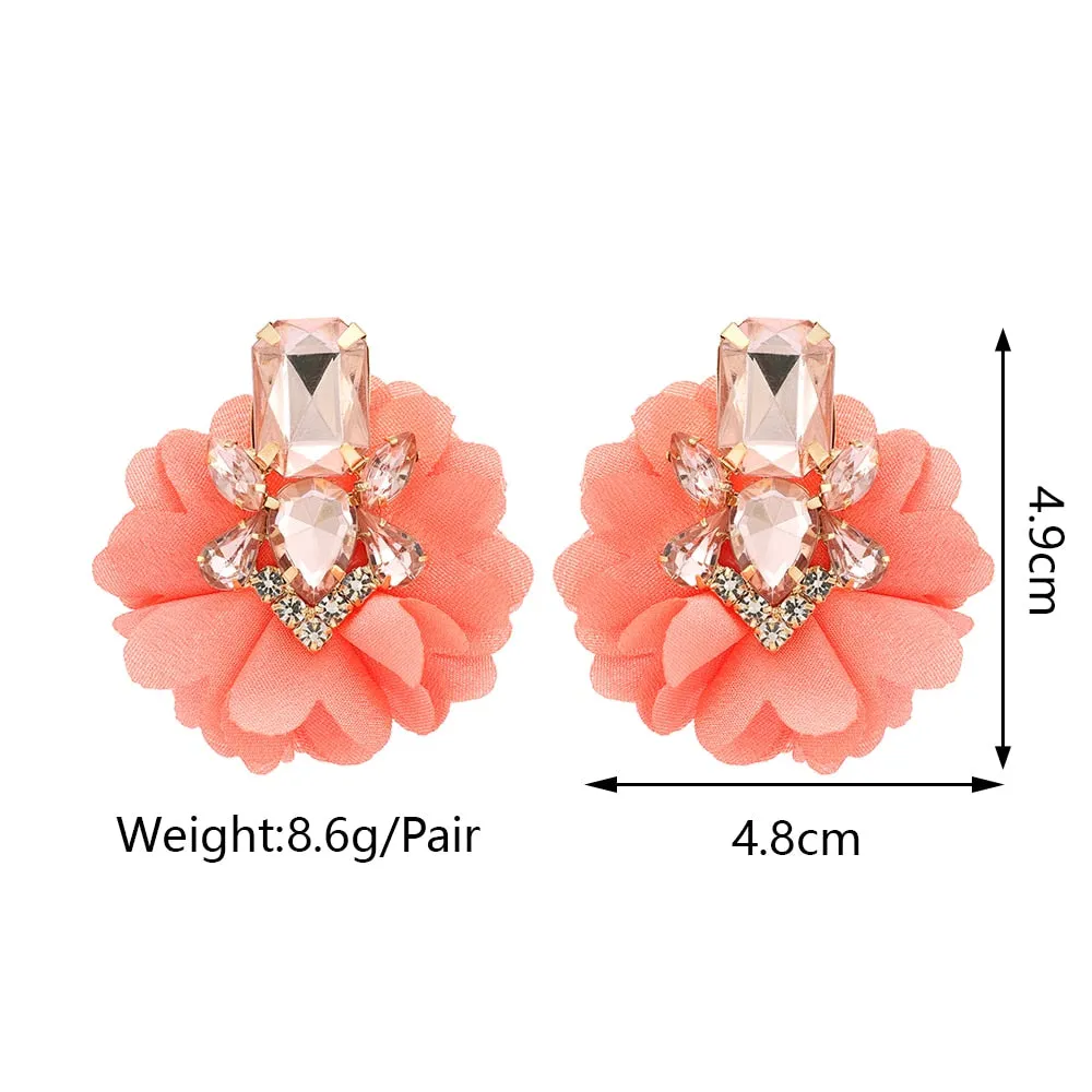 Fashion Sparkly Crystal Inlay Cotton Flower Big Dangle Earrings For Women