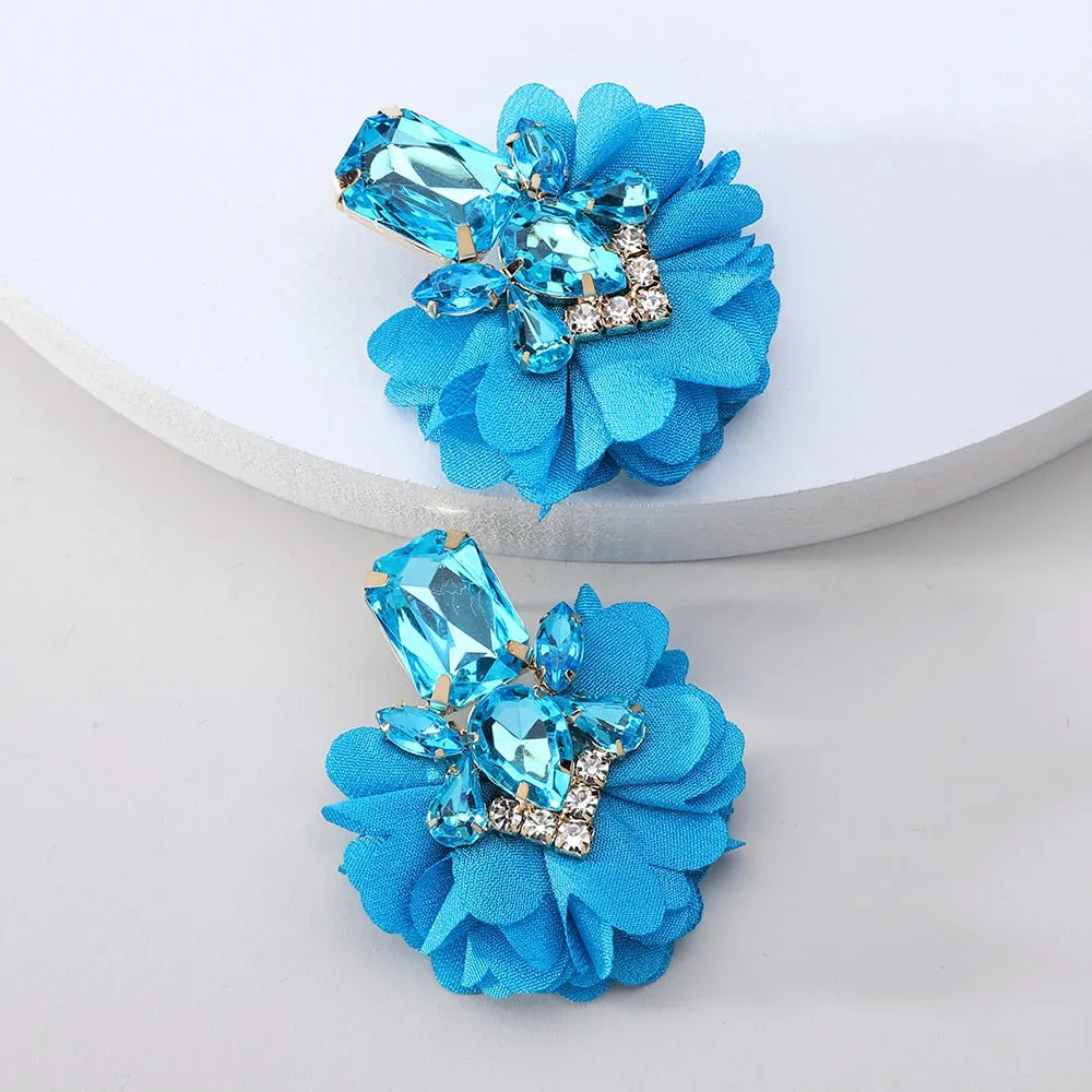 Fashion Sparkly Crystal Inlay Cotton Flower Big Dangle Earrings For Women