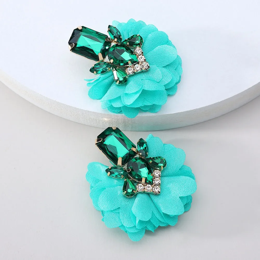 Fashion Sparkly Crystal Inlay Cotton Flower Big Dangle Earrings For Women