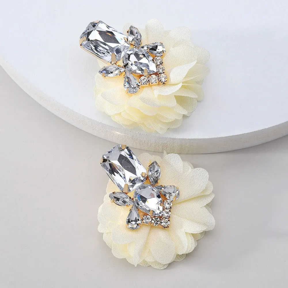 Fashion Sparkly Crystal Inlay Cotton Flower Big Dangle Earrings For Women