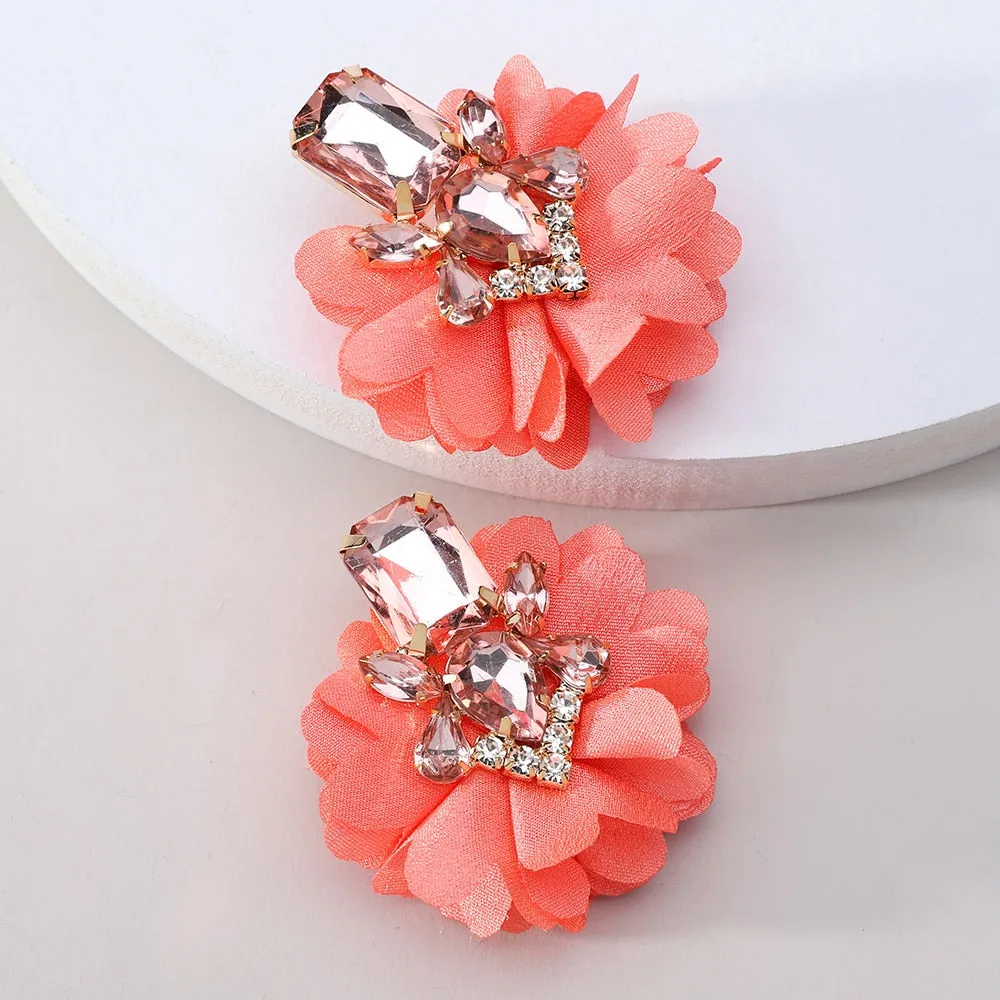 Fashion Sparkly Crystal Inlay Cotton Flower Big Dangle Earrings For Women
