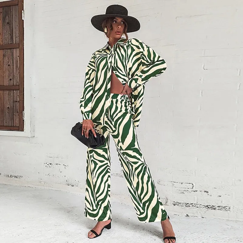Fashionkova  Fashoin Stripes 2 Piece Set Women Loose Long Sleeve Blosue Wide Leg Pants Suit 2022 Elegant Zebra Stripes Office Ladies Outfits
