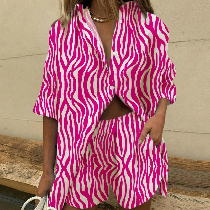 Fashionkova   Summer Casual Print Two Piece Set Women Fashion Short Sleeve Shirt Mini Shorts Suit Female 2022 Lady Loose Sportswear Outfits