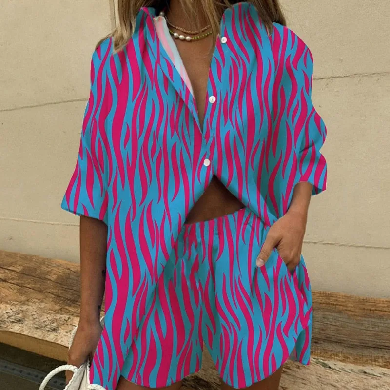 Fashionkova   Summer Casual Print Two Piece Set Women Fashion Short Sleeve Shirt Mini Shorts Suit Female 2022 Lady Loose Sportswear Outfits