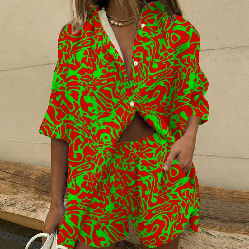 Fashionkova   Summer Casual Print Two Piece Set Women Fashion Short Sleeve Shirt Mini Shorts Suit Female 2022 Lady Loose Sportswear Outfits