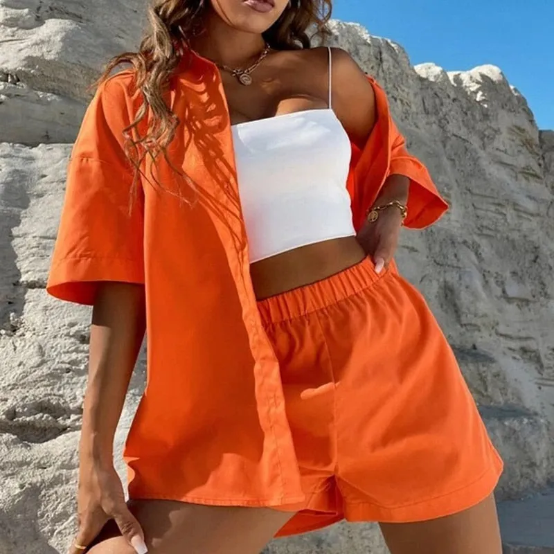 Fashionkova   Summer Casual Print Two Piece Set Women Fashion Short Sleeve Shirt Mini Shorts Suit Female 2022 Lady Loose Sportswear Outfits