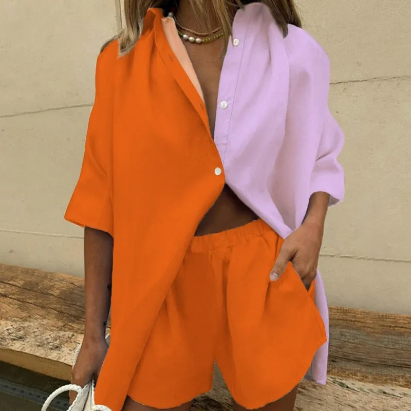 Fashionkova   Summer Casual Print Two Piece Set Women Fashion Short Sleeve Shirt Mini Shorts Suit Female 2022 Lady Loose Sportswear Outfits