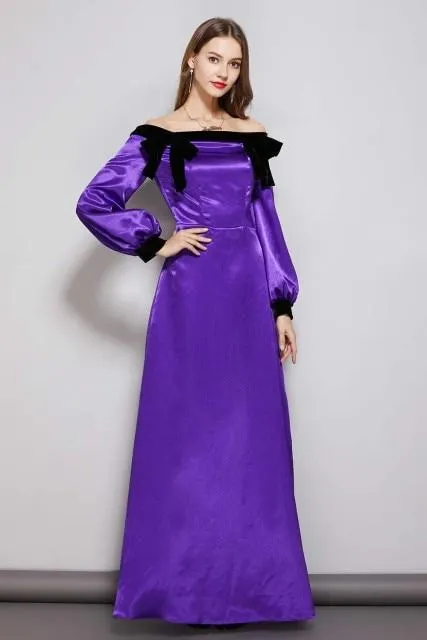 FashionSierra - Women's Party Prom Dresses Slash Neckline Long Sleeves Bow Detailing Elegant Maxi Designer Fashion Dresses