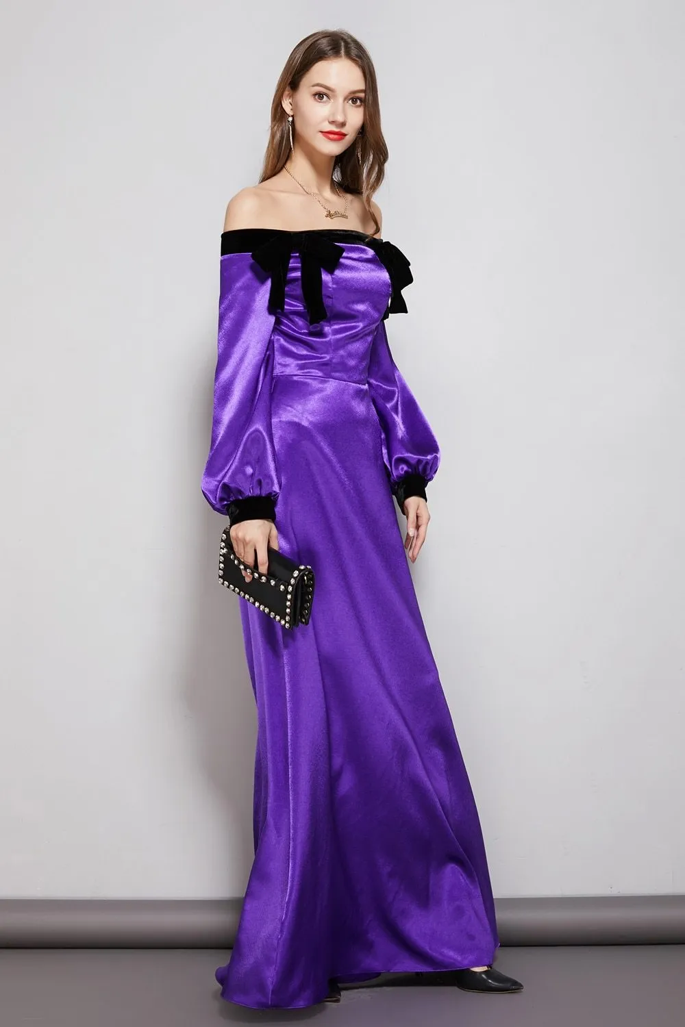FashionSierra - Women's Party Prom Dresses Slash Neckline Long Sleeves Bow Detailing Elegant Maxi Designer Fashion Dresses