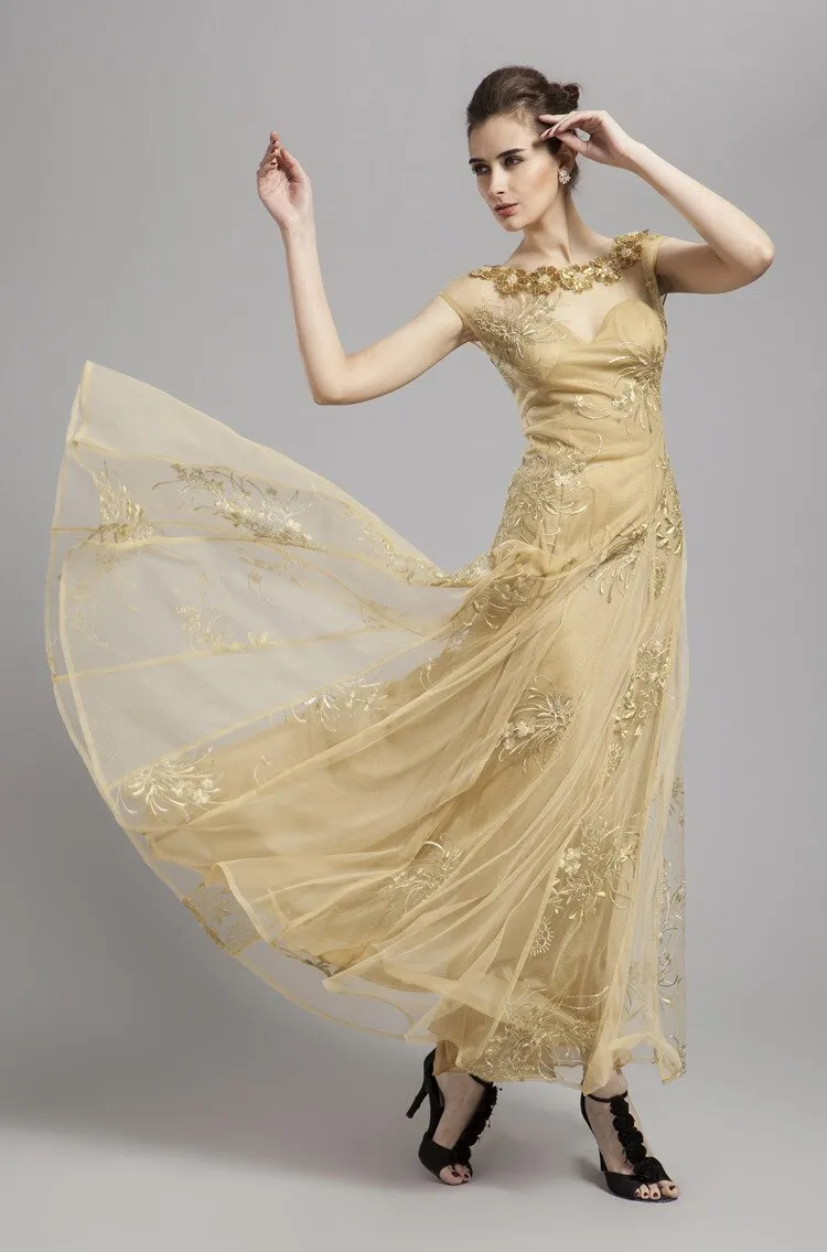 FashionSierra - Women's Scoop Neckline Embroidery Sequined A Line Long Prom Party Designer Dresses