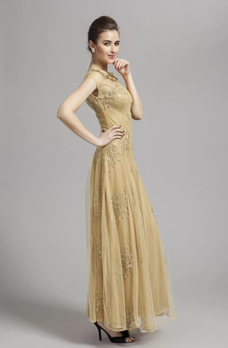 FashionSierra - Women's Scoop Neckline Embroidery Sequined A Line Long Prom Party Designer Dresses