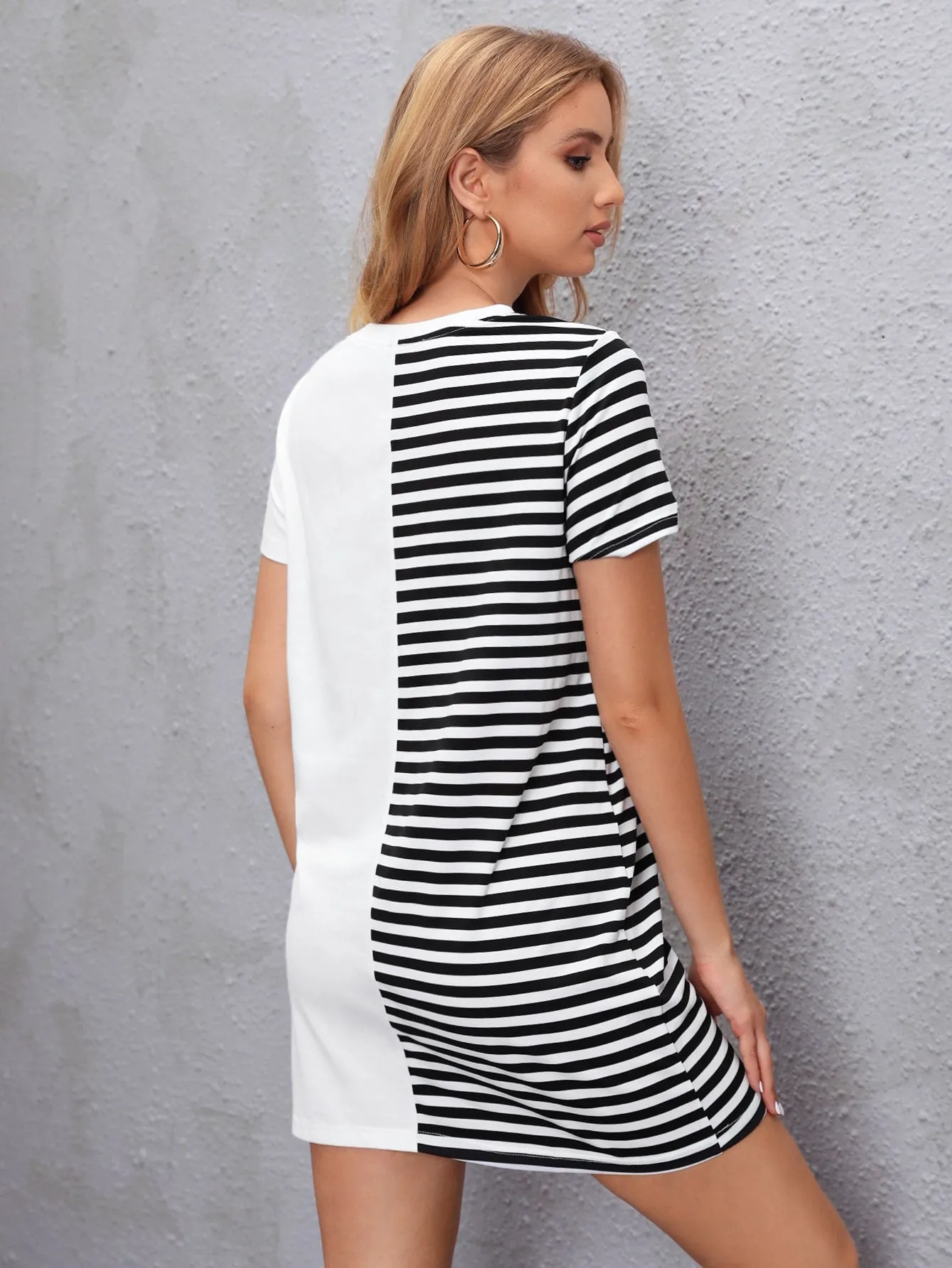 Figure Contrast Sequin Short Sleeve Round Neck Straight Natural Short Dress