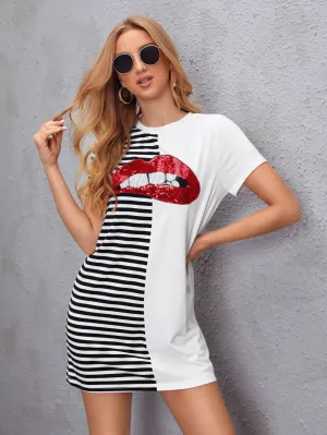 Figure Contrast Sequin Short Sleeve Round Neck Straight Natural Short Dress