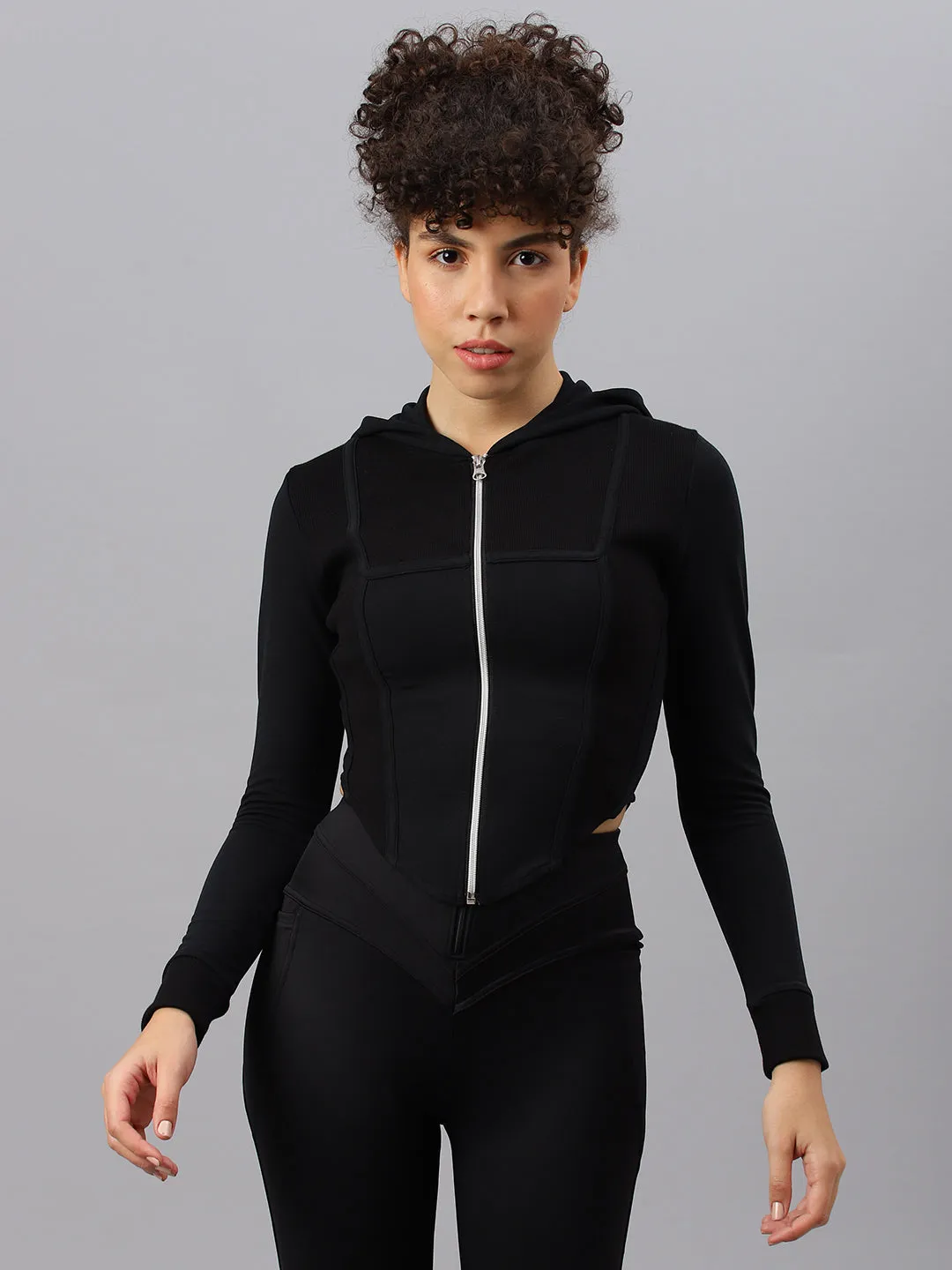Fitkin women's black front zipper corset jacket with detail