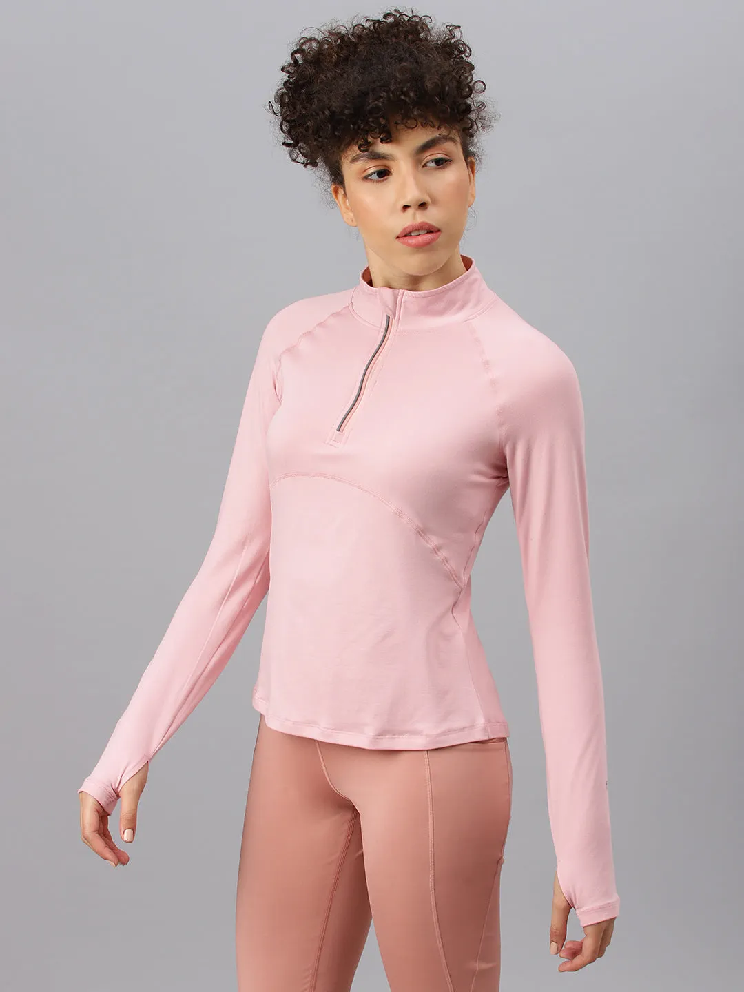 Fitkin women's nude pink high neck front zipper full sleeves t-shirt