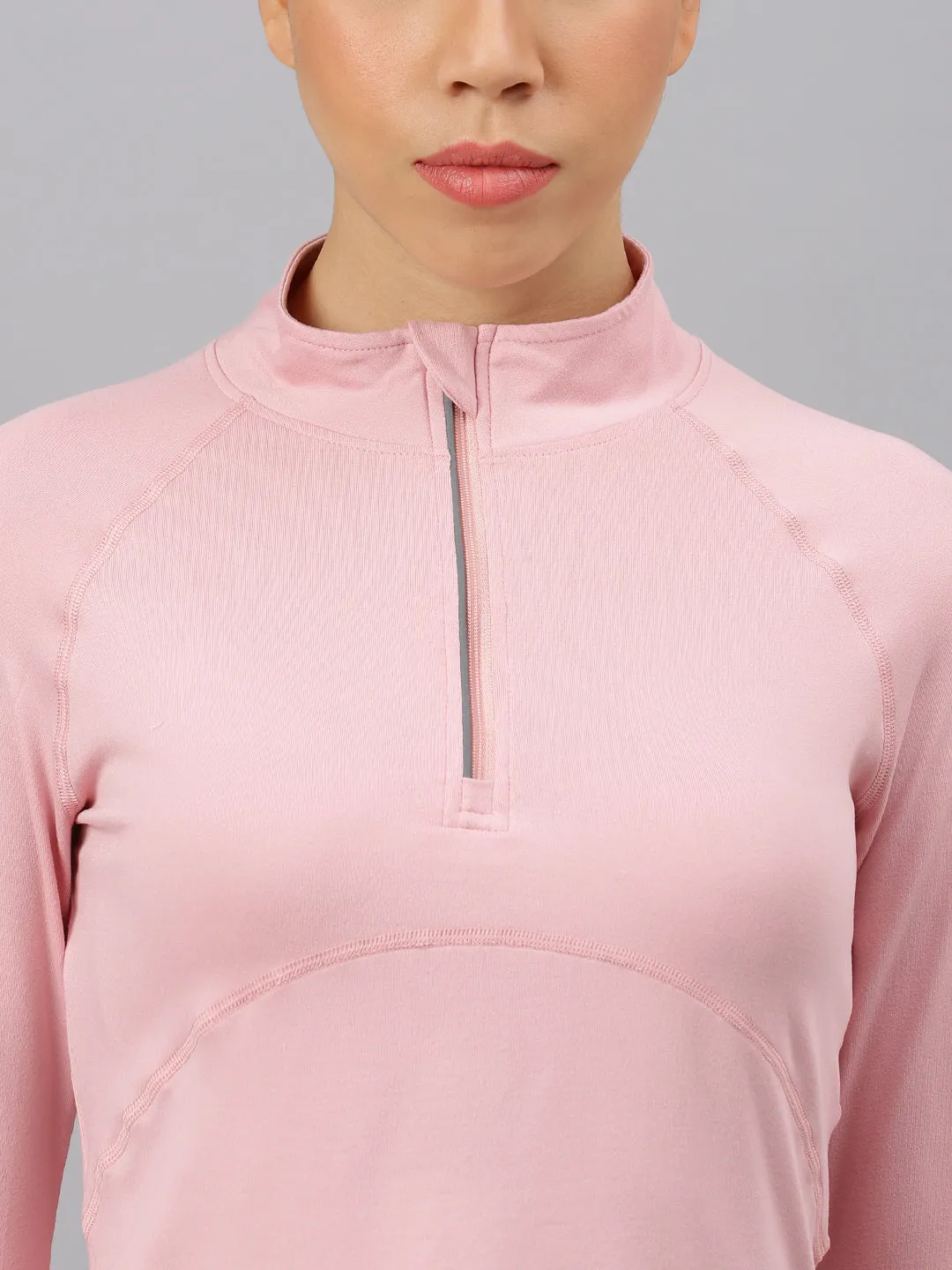 Fitkin women's nude pink high neck front zipper full sleeves t-shirt