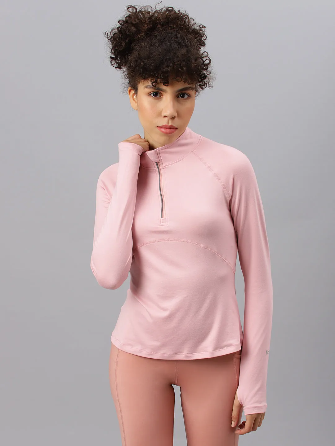 Fitkin women's nude pink high neck front zipper full sleeves t-shirt