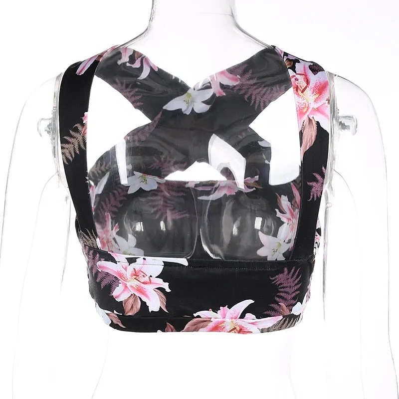 Fitness Suits Crop Tank Workout Floral Printed Top And Legging Pants 2 Pieces Set