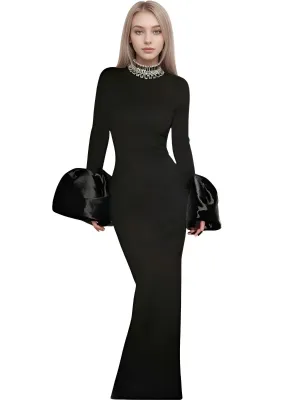 Flare Sleeve Shining Diamond Neck Long Dress Elegant Woman Black Bandage Evening Party Dress Cocktail Party Outfit