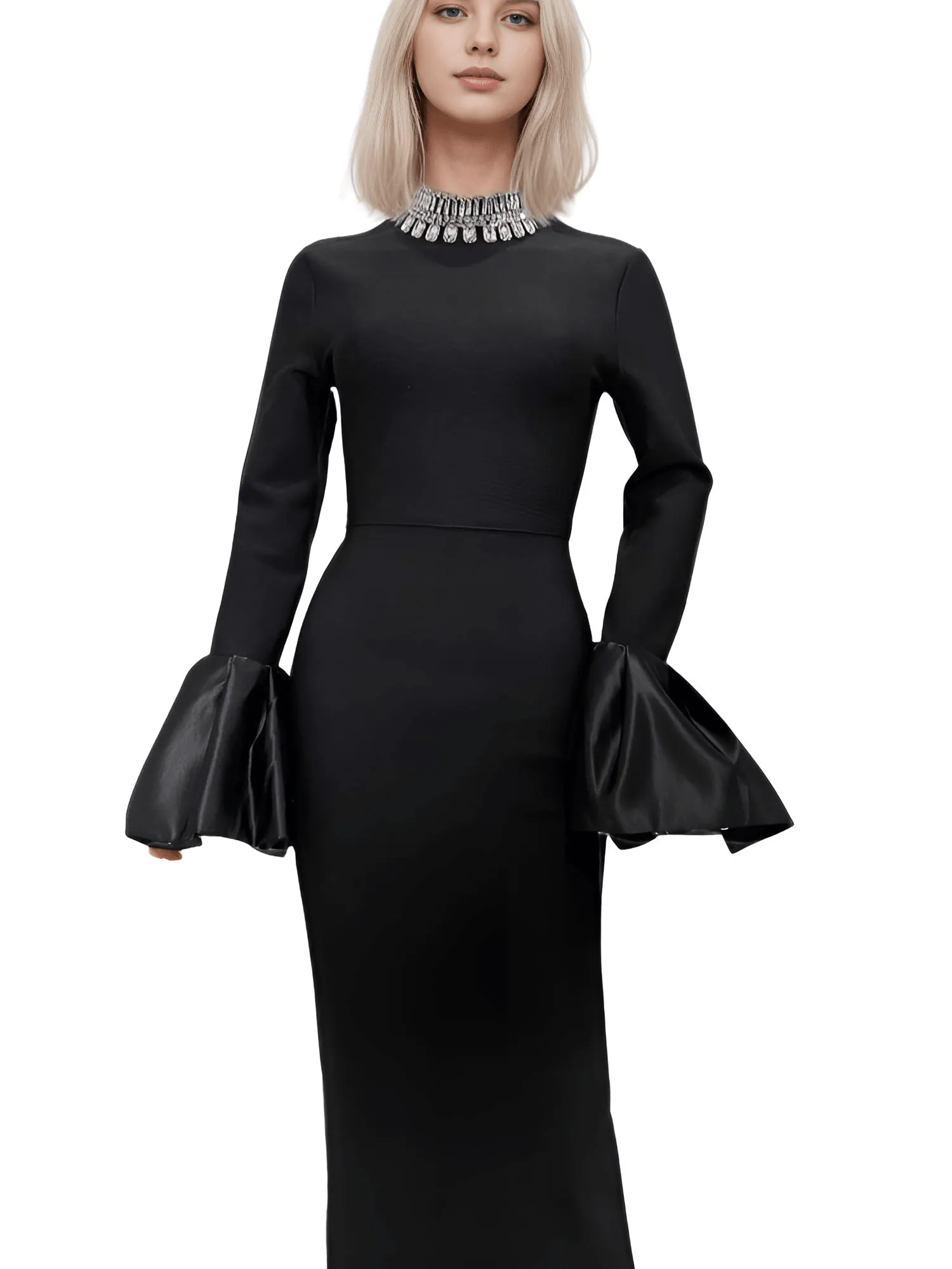 Flare Sleeve Shining Diamond Neck Long Dress Elegant Woman Black Bandage Evening Party Dress Cocktail Party Outfit