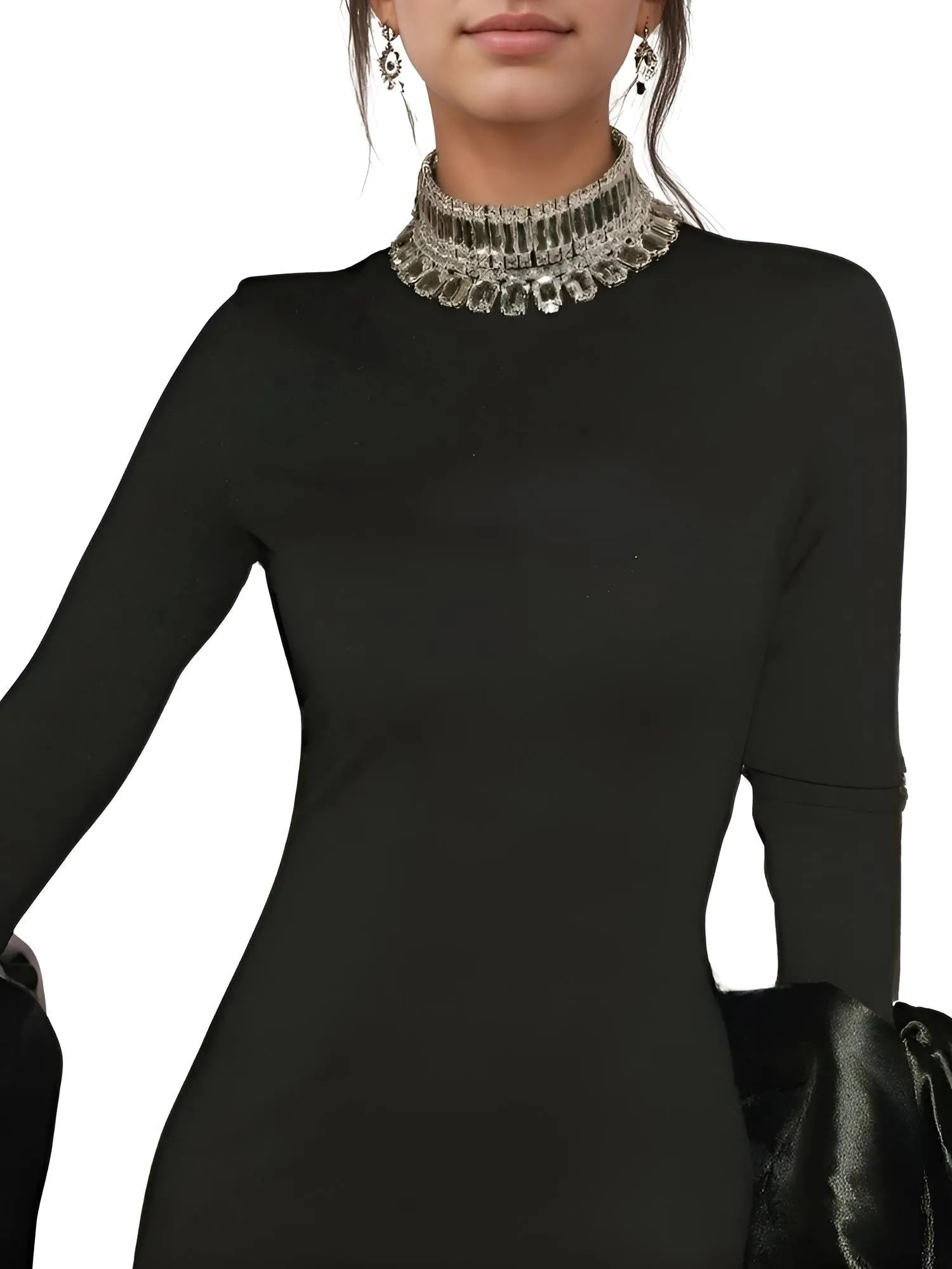 Flare Sleeve Shining Diamond Neck Long Dress Elegant Woman Black Bandage Evening Party Dress Cocktail Party Outfit