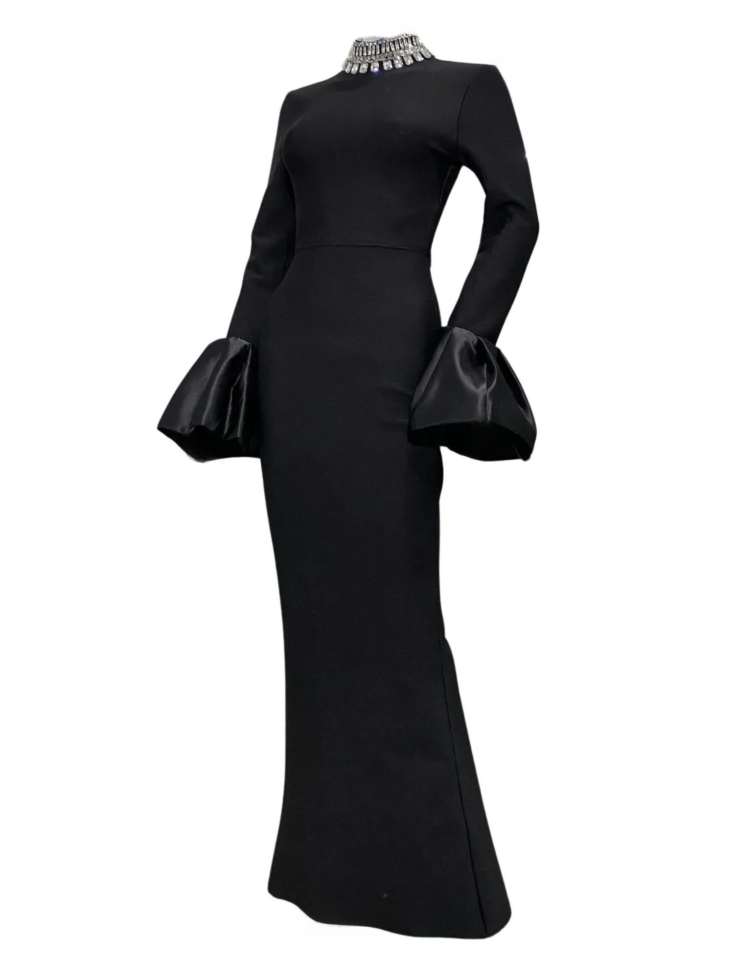 Flare Sleeve Shining Diamond Neck Long Dress Elegant Woman Black Bandage Evening Party Dress Cocktail Party Outfit