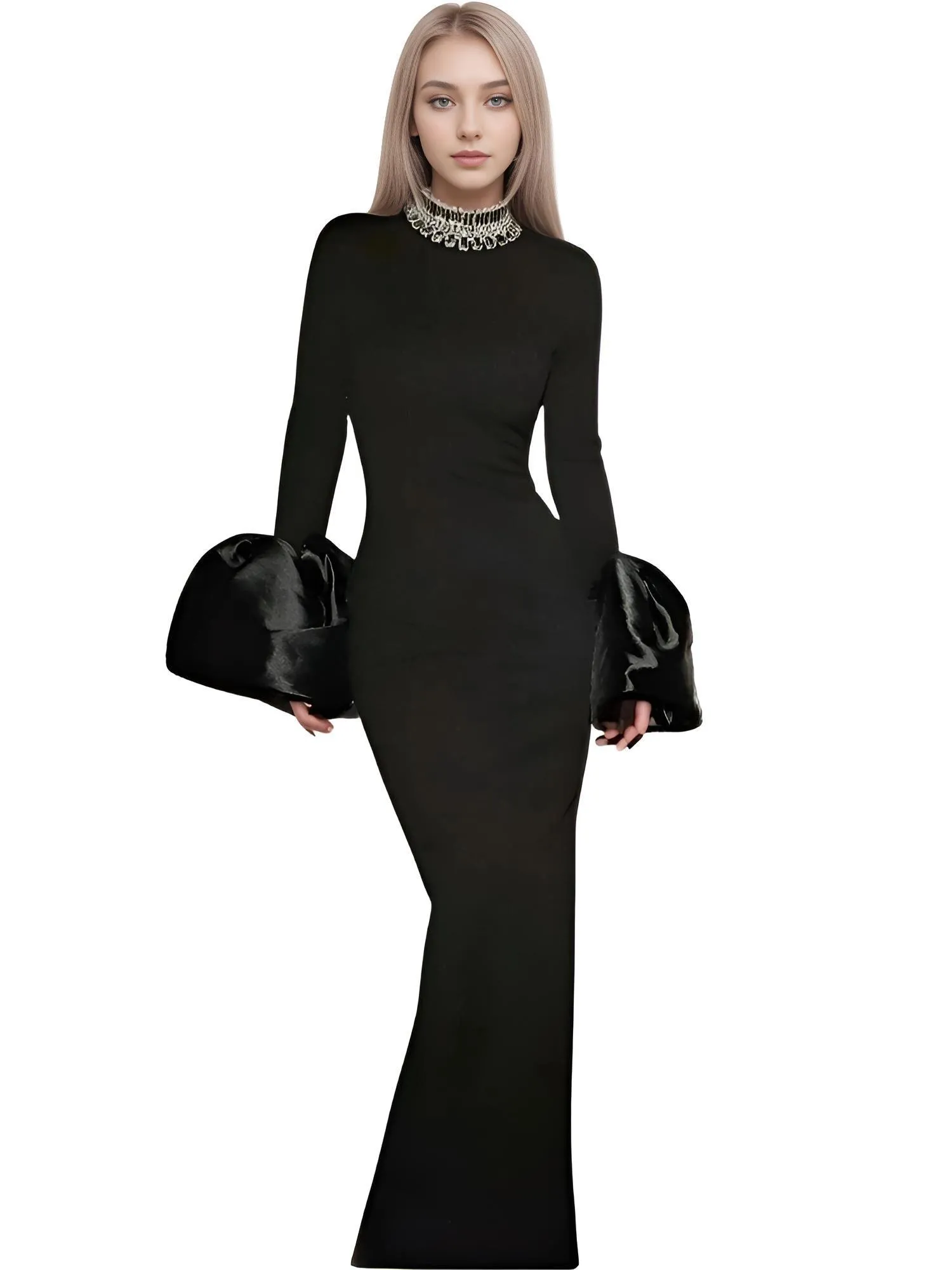 Flare Sleeve Shining Diamond Neck Long Dress Elegant Woman Black Bandage Evening Party Dress Cocktail Party Outfit