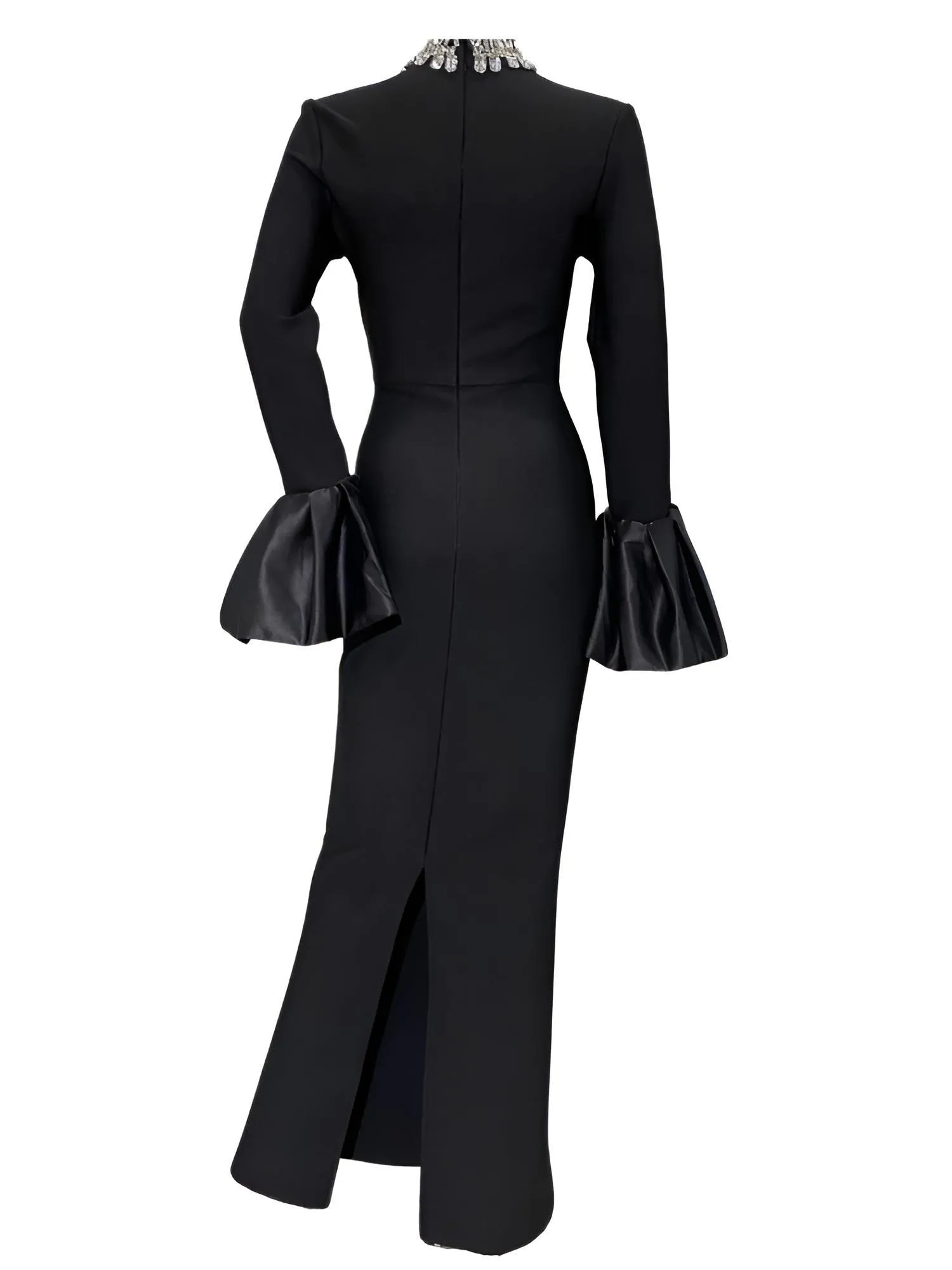 Flare Sleeve Shining Diamond Neck Long Dress Elegant Woman Black Bandage Evening Party Dress Cocktail Party Outfit