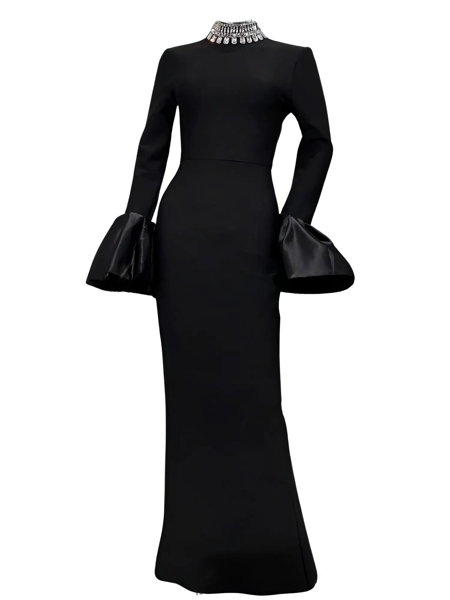 Flare Sleeve Shining Diamond Neck Long Dress Elegant Woman Black Bandage Evening Party Dress Cocktail Party Outfit