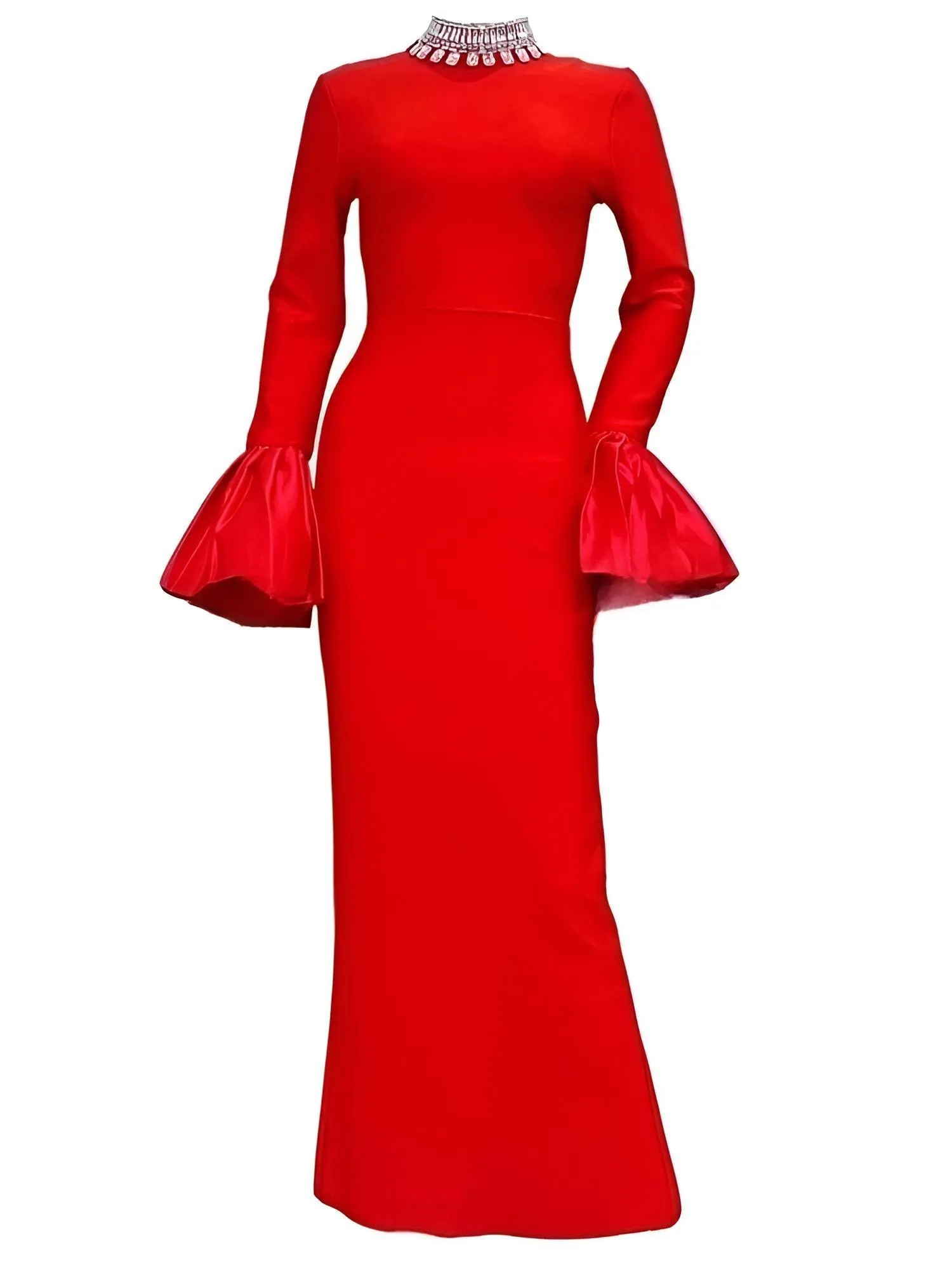 Flare Sleeve Shining Diamond Neck Long Dress Elegant Woman Black Bandage Evening Party Dress Cocktail Party Outfit