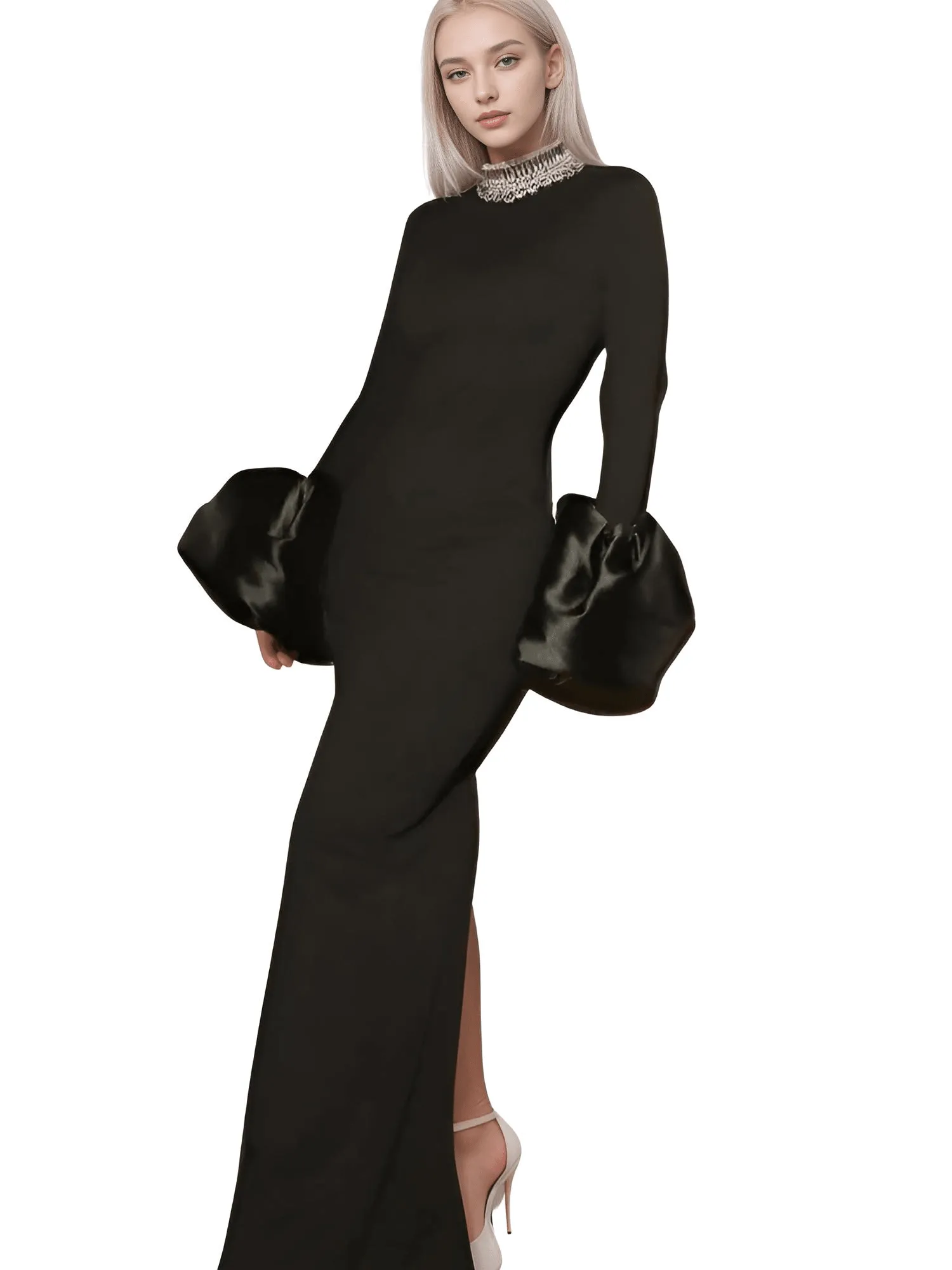 Flare Sleeve Shining Diamond Neck Long Dress Elegant Woman Black Bandage Evening Party Dress Cocktail Party Outfit