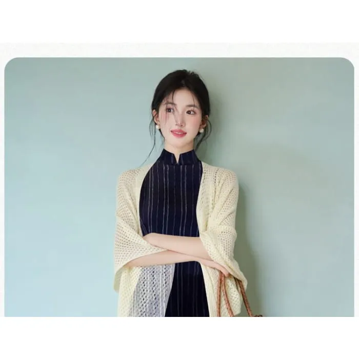 Flared-Sleeve Plain Pointelle Knit Long Cardigan / Sleeveless Striped Maxi Qipao / Set