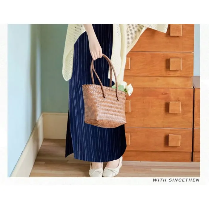 Flared-Sleeve Plain Pointelle Knit Long Cardigan / Sleeveless Striped Maxi Qipao / Set