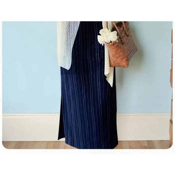 Flared-Sleeve Plain Pointelle Knit Long Cardigan / Sleeveless Striped Maxi Qipao / Set