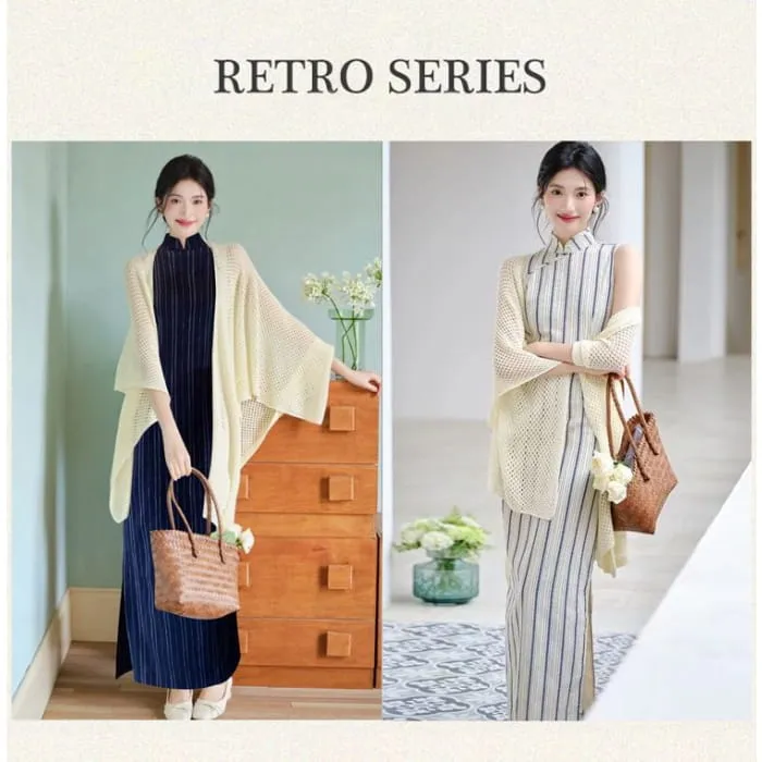 Flared-Sleeve Plain Pointelle Knit Long Cardigan / Sleeveless Striped Maxi Qipao / Set