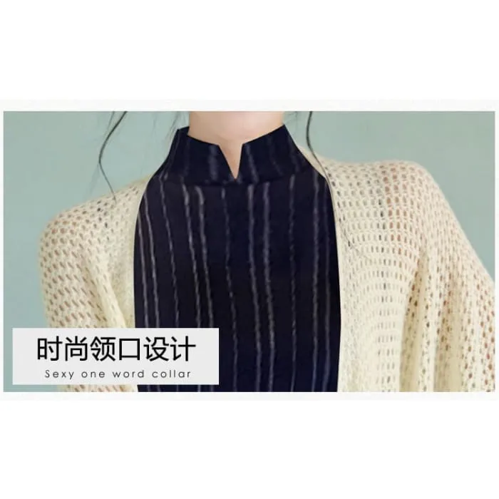 Flared-Sleeve Plain Pointelle Knit Long Cardigan / Sleeveless Striped Maxi Qipao / Set