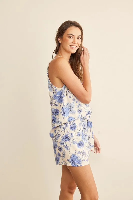Floral blue linen blend short set