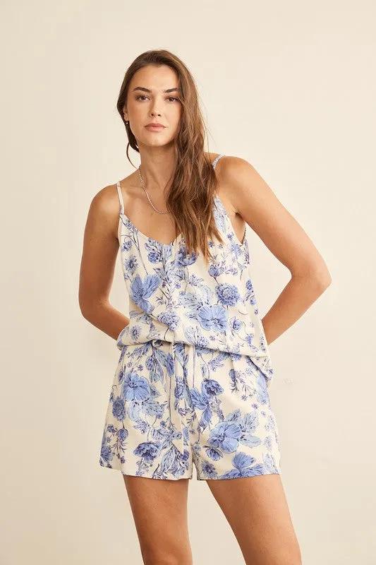 Floral blue linen blend short set