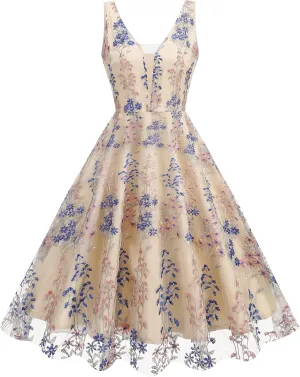 Floral Embroidery Dress for Women Plunge V Neck Sleeveless Flower Embroidered Dress Tulle Prom Dress Short Wedding Guest Vintage Cocktail Dress Formal Evening Tea Party Dress Apricot Royal Blue 2XL