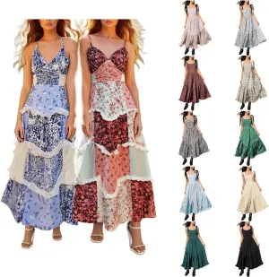 Floral Maxi Dress for Women Cute Y2K Smocked Patchwork Boho Dresses Sleeveless Summer Flowy Ruffle Long Sundresses