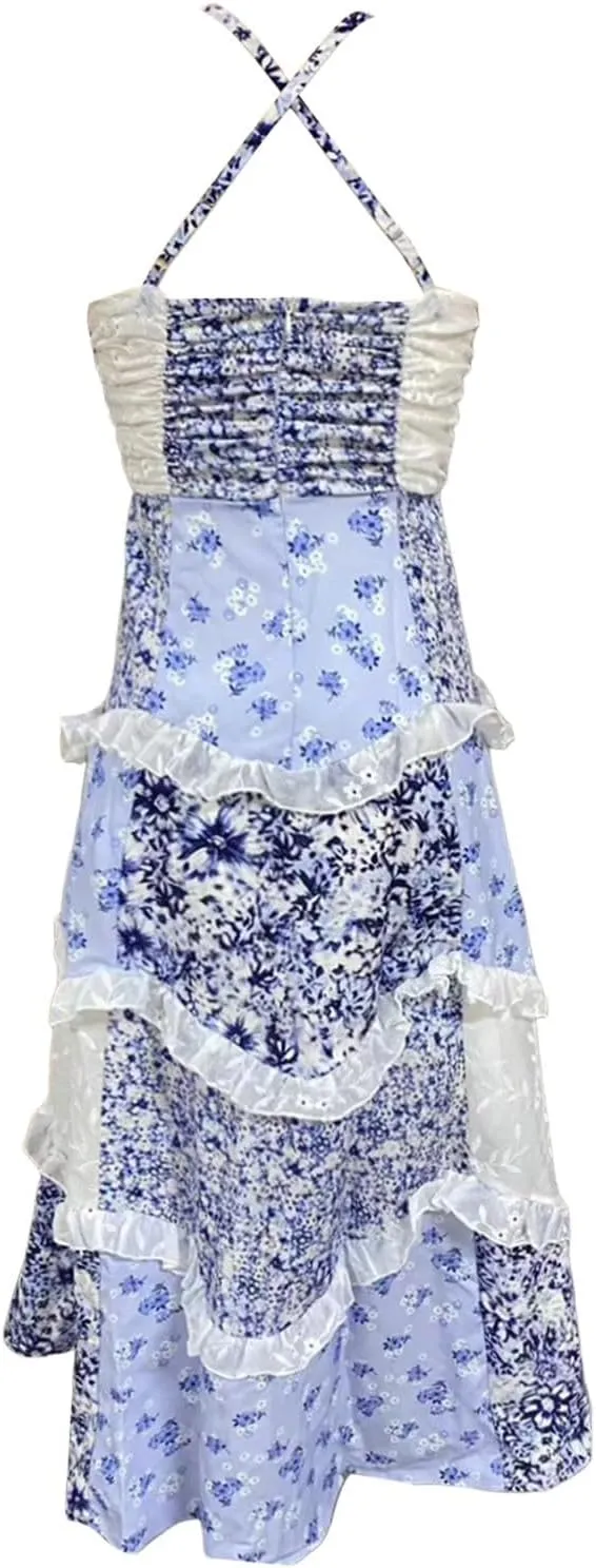 Floral Maxi Dress for Women Cute Y2K Smocked Patchwork Boho Dresses Sleeveless Summer Flowy Ruffle Long Sundresses
