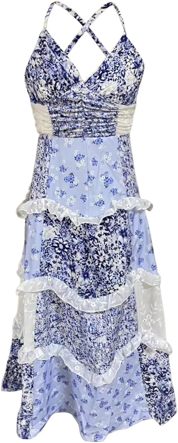 Floral Maxi Dress for Women Cute Y2K Smocked Patchwork Boho Dresses Sleeveless Summer Flowy Ruffle Long Sundresses