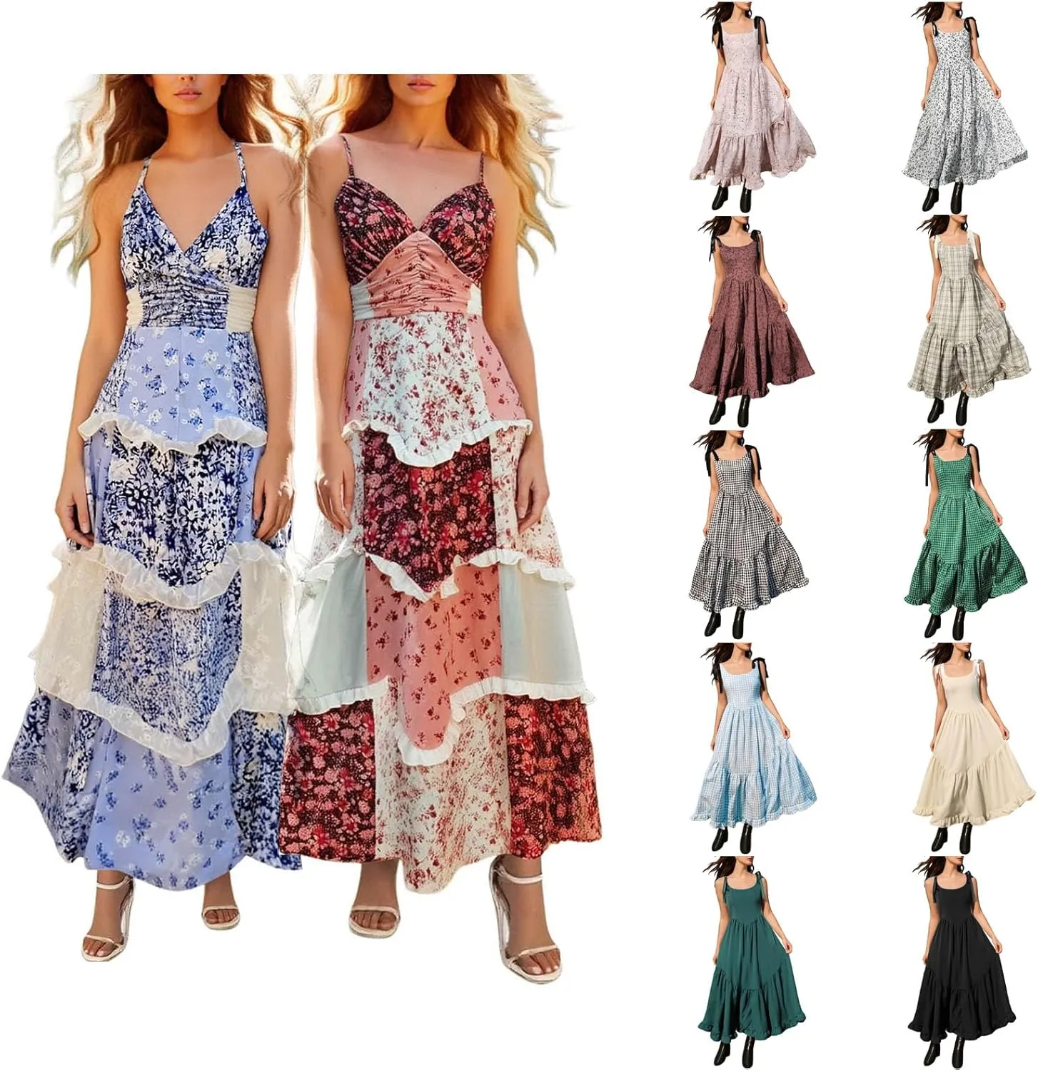 Floral Maxi Dress for Women Cute Y2K Smocked Patchwork Boho Dresses Sleeveless Summer Flowy Ruffle Long Sundresses