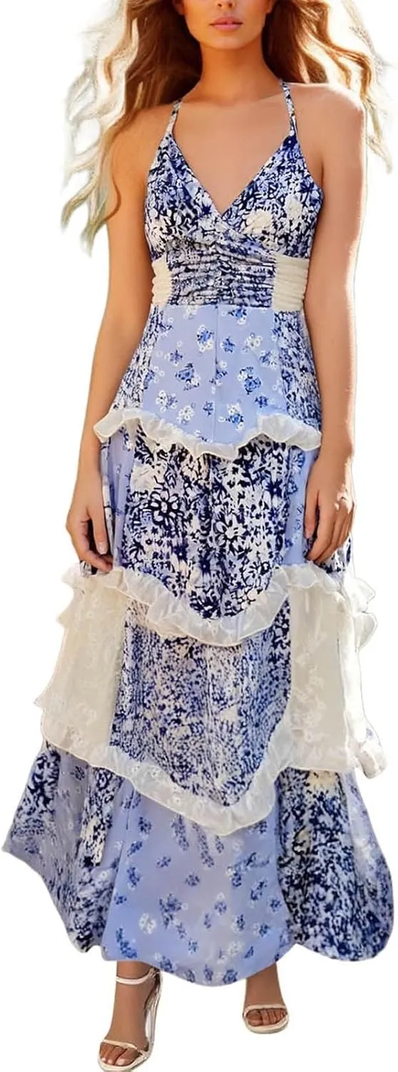 Floral Maxi Dress for Women Cute Y2K Smocked Patchwork Boho Dresses Sleeveless Summer Flowy Ruffle Long Sundresses
