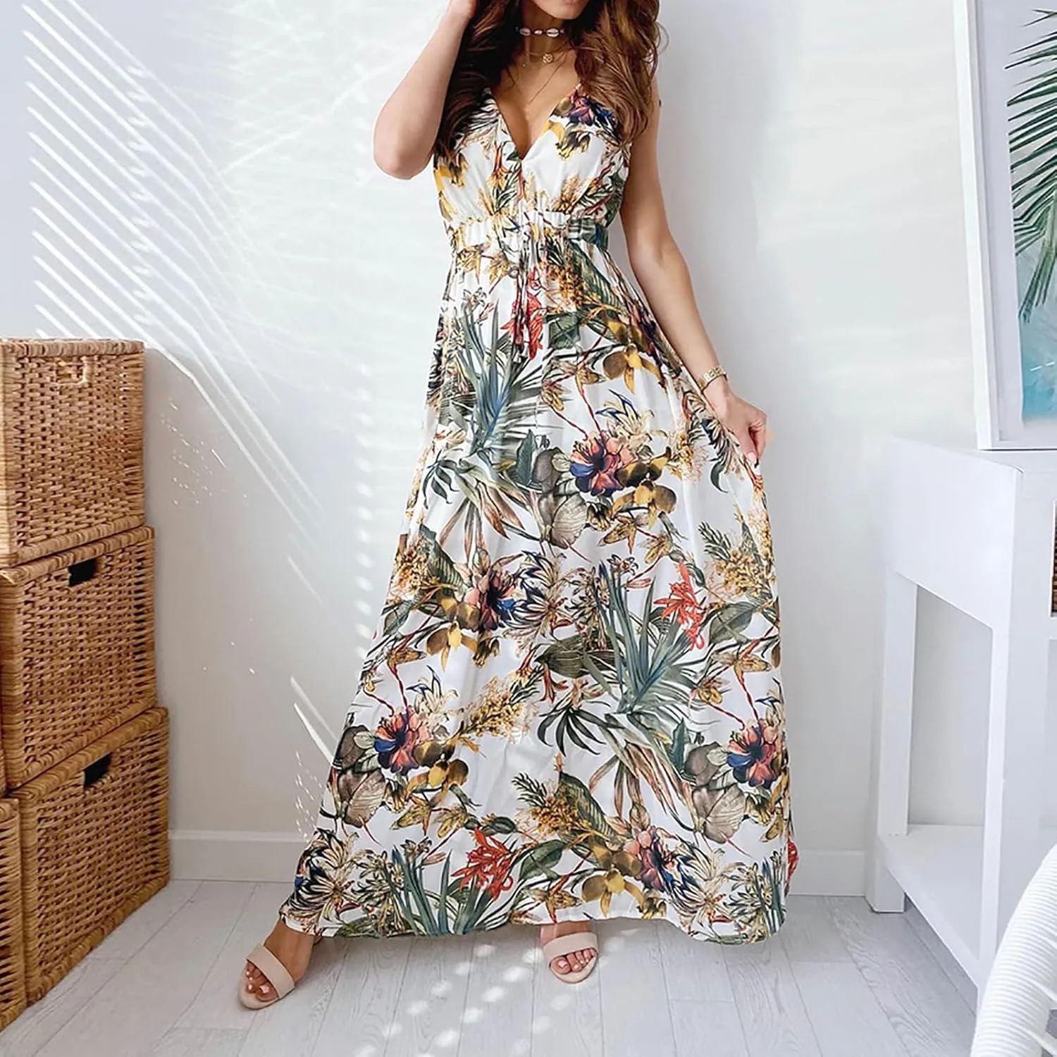 Floral Maxi Dresses for Women 2025 Summer Dresses Sleeveless Flowy Boho Maxi Dress Casual Long Sundress Beach Dress