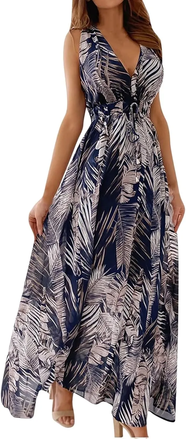 Floral Maxi Dresses for Women 2025 Summer Dresses Sleeveless Flowy Boho Maxi Dress Casual Long Sundress Beach Dress